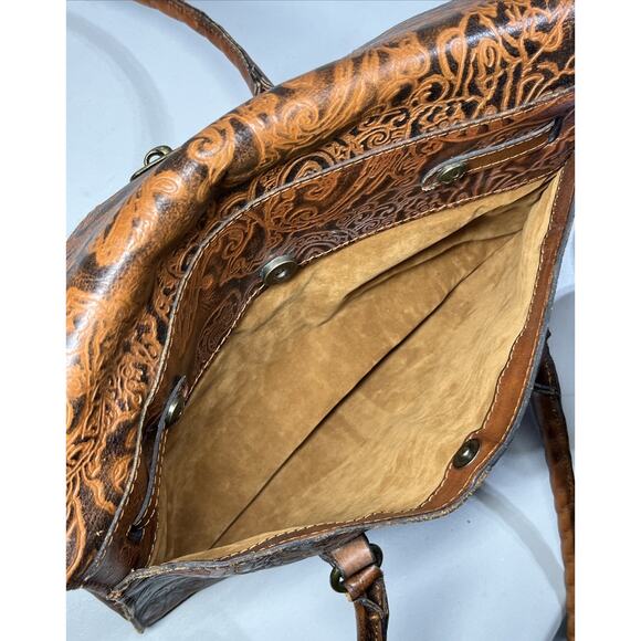 Patricia Nash Tooled Embossed Leather Vienna Satchel Handbag Brown Tote Bag - Picture 10 of 16